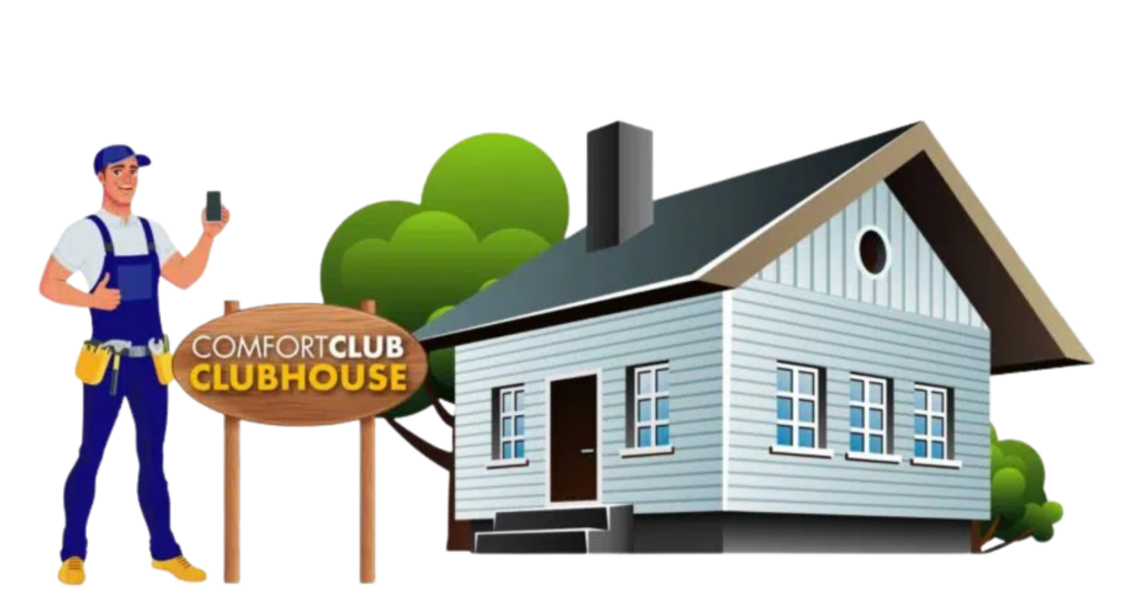 Illustration of a handyman holding a phone, standing next to a sign reading "Comfort Club Clubhouse,"