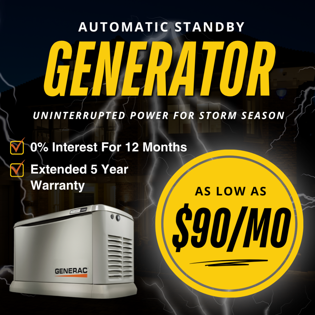 Advertisement for Generac automatic standby generator with features: 0% interest for 12 months, extended 5-year warranty, and price as low as $90 per month.