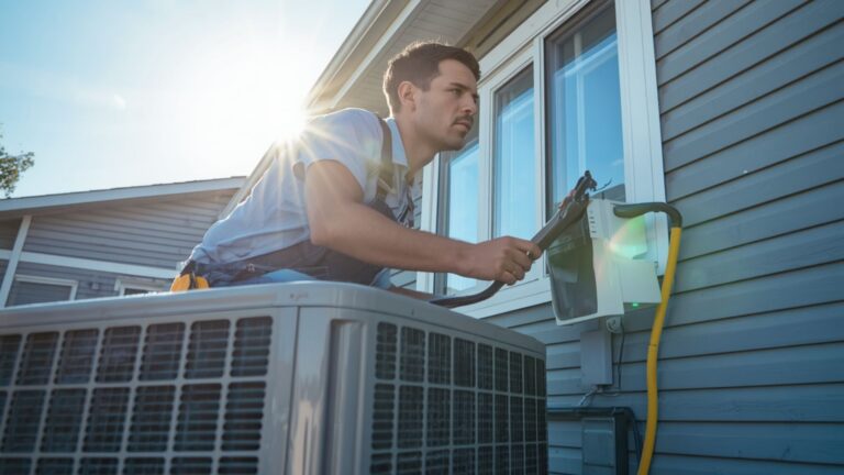 A technician repairs or inspects an outdoor air conditioning unit
