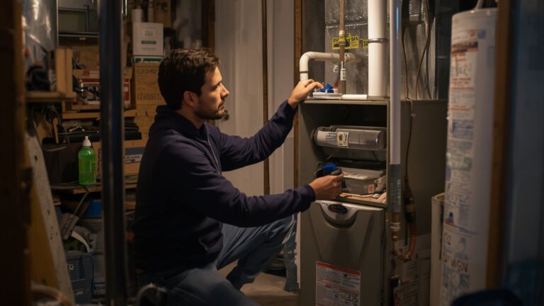 A man in a basement kneels in front of a furnace