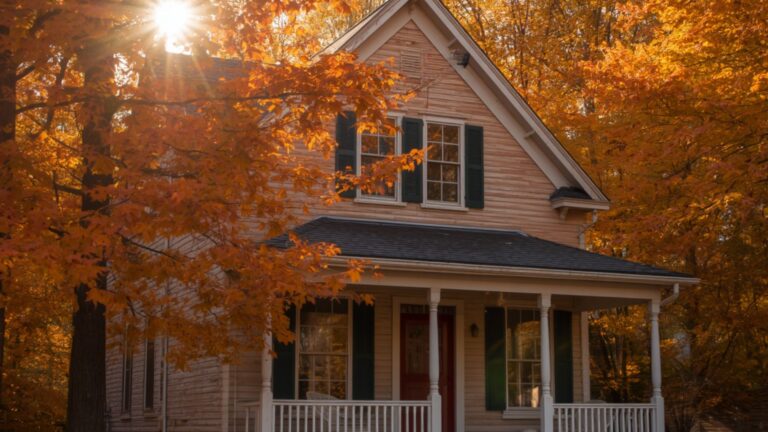 A two-story house with a front porch is surrounded by trees with orange leaves.