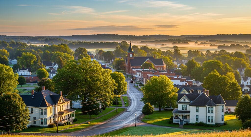 A small town with houses, a church, and tree-lined streets