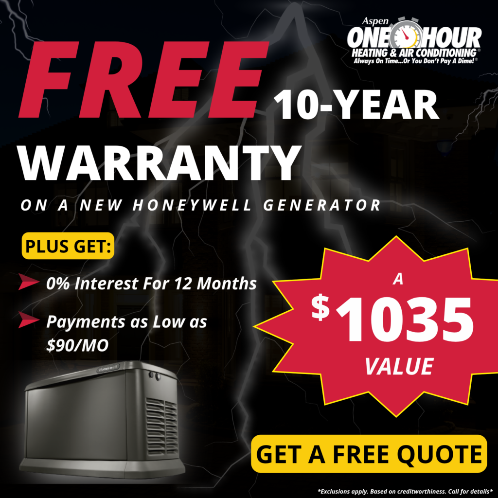 Ad for Aspen One Hour Heating & Air Conditioning offering a free 10-year warranty on a Honeywell generator, valued at $1035, plus financing and payment options.