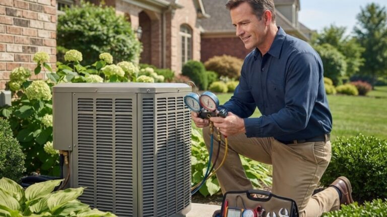 A man kneels outside a house checking the gauges on an air conditioning unit
