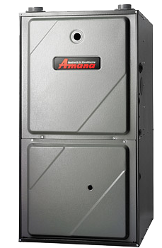 Amana brand gas furnace with a metal front panel, rectangular shape, and visible logo at the top center.