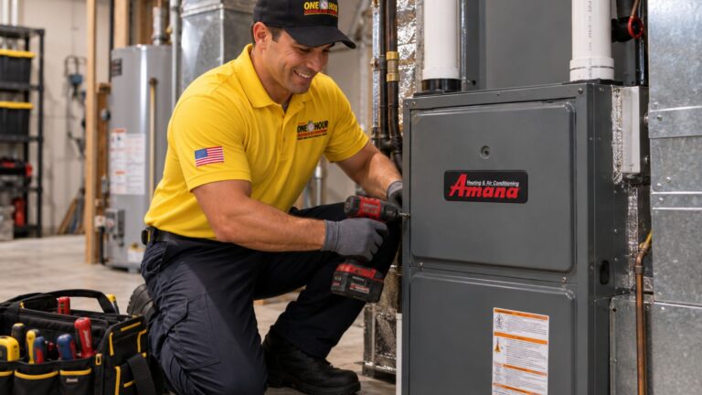 A technician in a yellow shirt and cap is using a power drill to service an Amana furnace in a utility room. A tool bag is on the floor beside him.