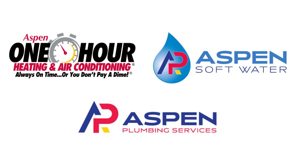 Three Aspen service logos: One Hour Heating & Air Conditioning, Aspen Soft Water with a water drop, and Aspen Plumbing Services, all with red and blue color themes.