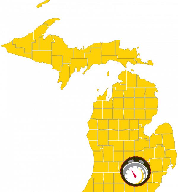 Map of Michigan with highlighted counties in the Eastern Time Zone, marked by heating and cooling symbols on the southeastern and southern parts of the state.